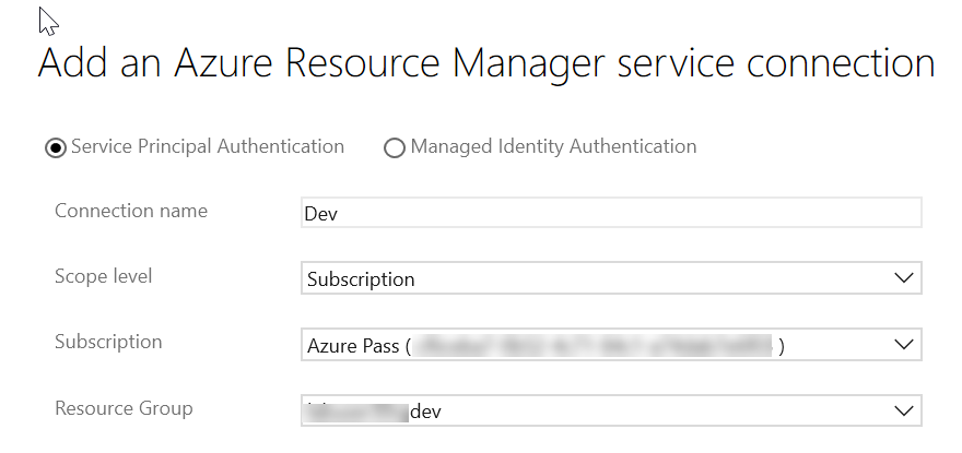 Azure Resource Manager service connection dialog
